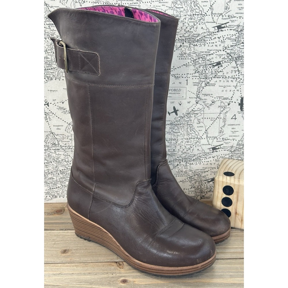 Crocs A-Leigh Wedge Tall Boots Side Zip Womens 6.5 Brown Excellent